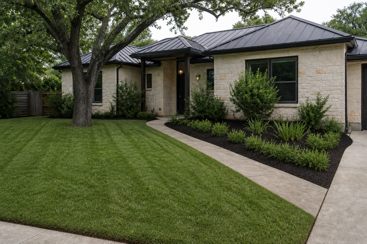 Illustrative view of the same front yard after cleanup, garden-bed edging, planting, and fresh mulch